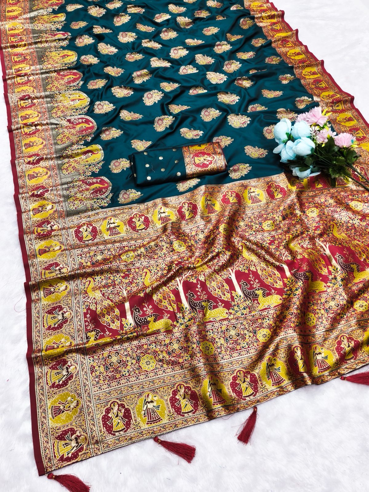 AJ-POSITION-PEACOCK SOFT 50/600 SILK SAREE WITH POSITION STYLE WEAVING WITH HEAVY DESIGN WITH CONTRAST BODY PALLU AND BLOUSE