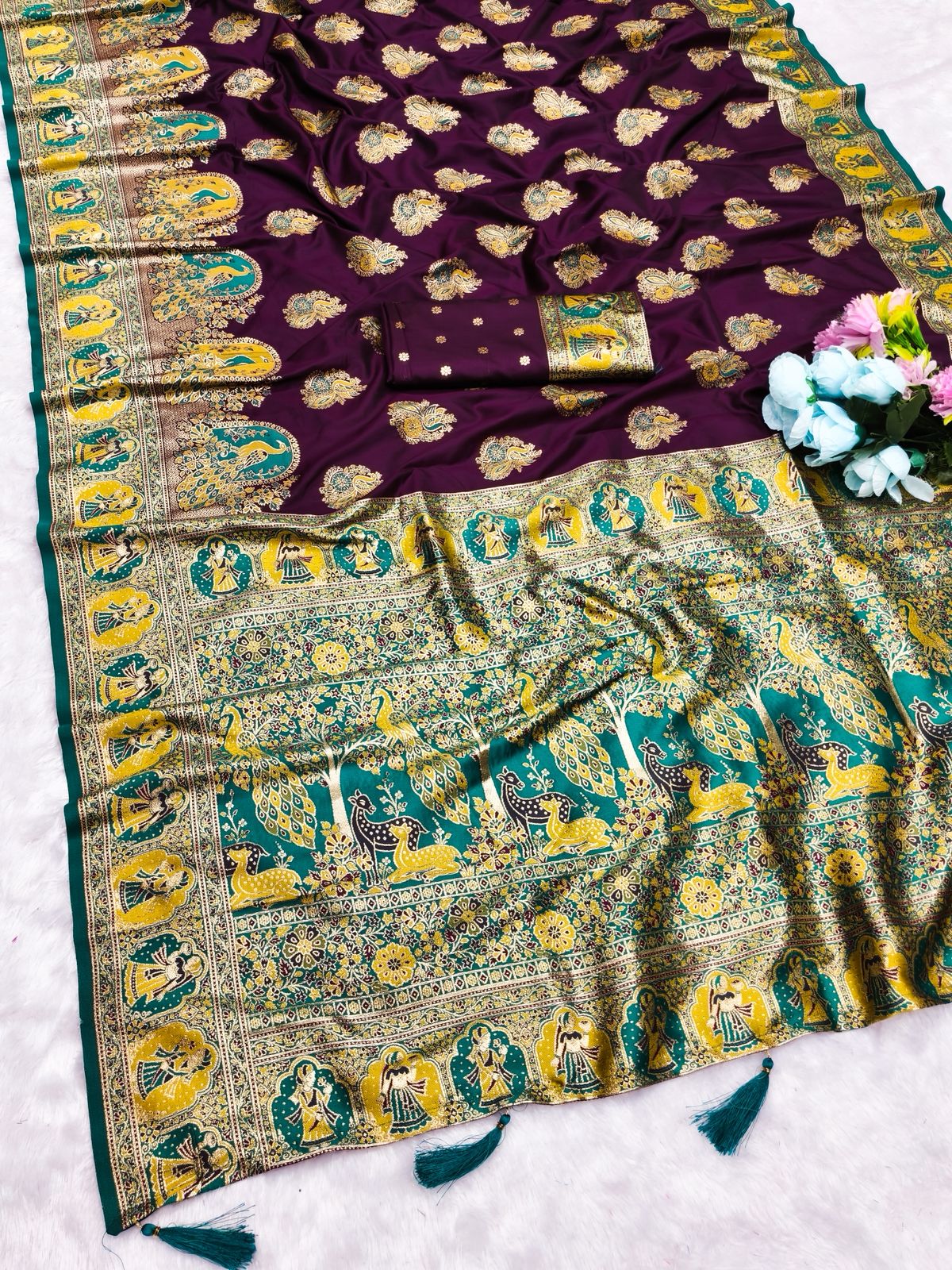 AJ-POSITION-PEACOCK SOFT 50/600 SILK SAREE WITH POSITION STYLE WEAVING WITH HEAVY DESIGN WITH CONTRAST BODY PALLU AND BLOUSE