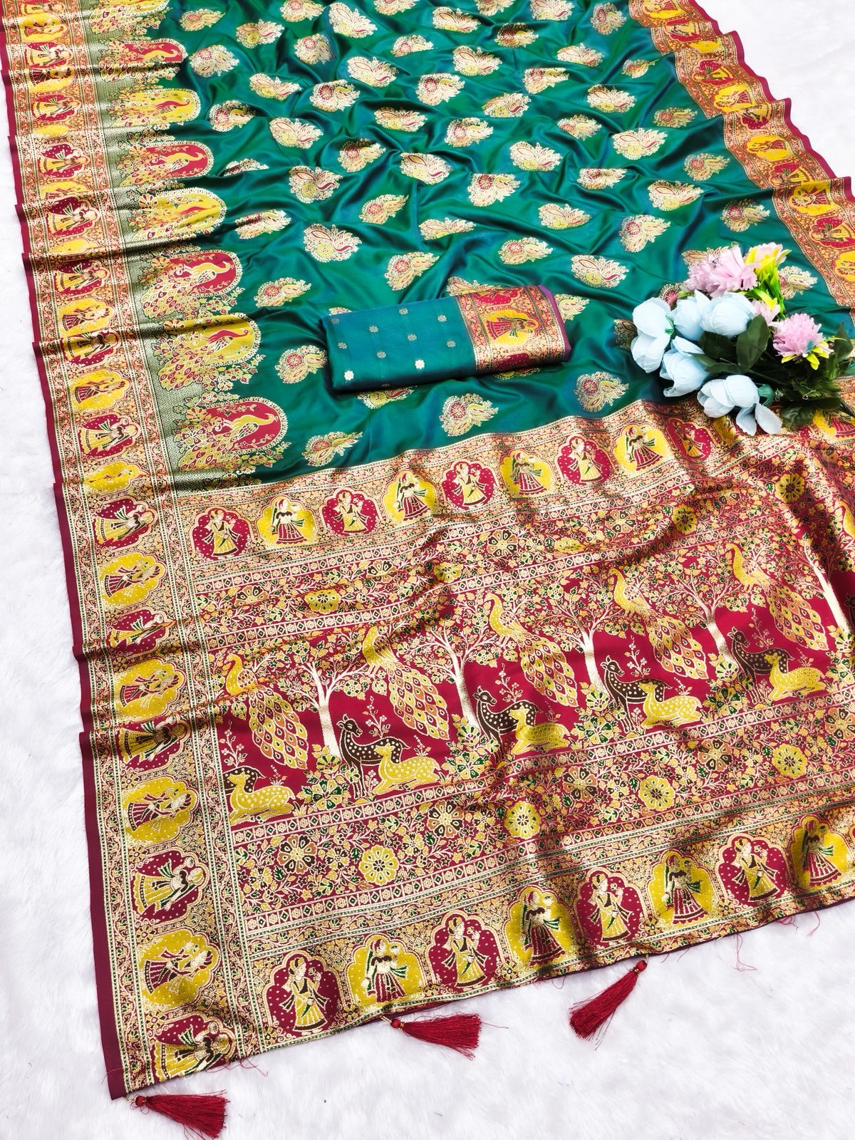 AJ-POSITION-PEACOCK SOFT 50/600 SILK SAREE WITH POSITION STYLE WEAVING WITH HEAVY DESIGN WITH CONTRAST BODY PALLU AND BLOUSE