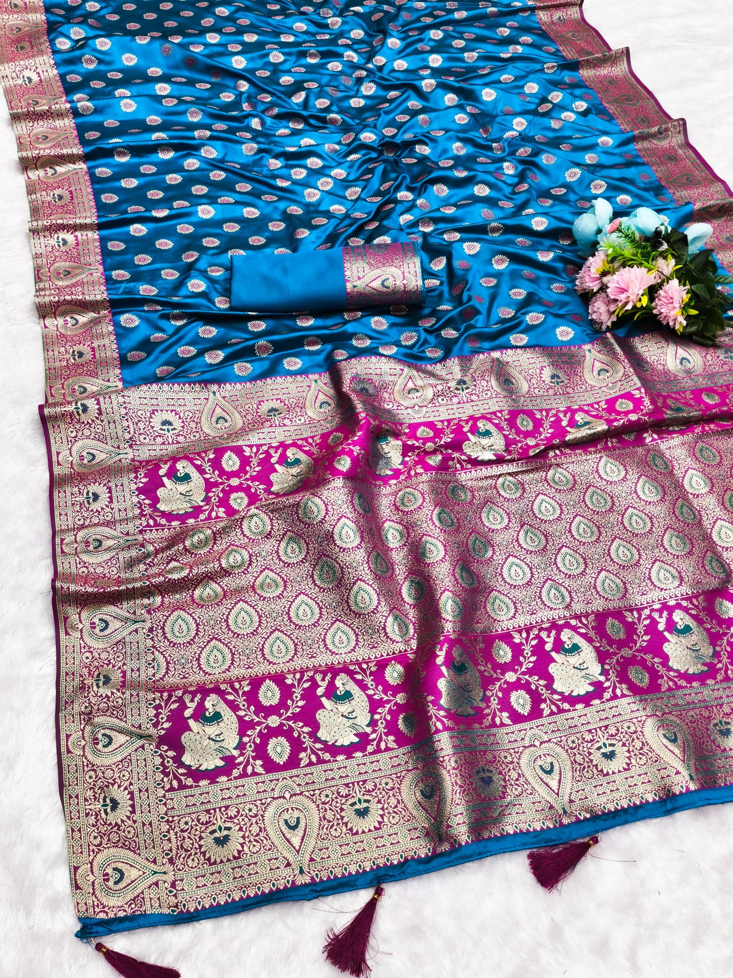 AJ-SATIN-CREATIVE SOFT SATIN SILK SAREE WITH RICH PALLU WITH CONTRAST PALLU AND BORDER WITH BUTTA DESIGN WITH BUTTI BLOUSE
