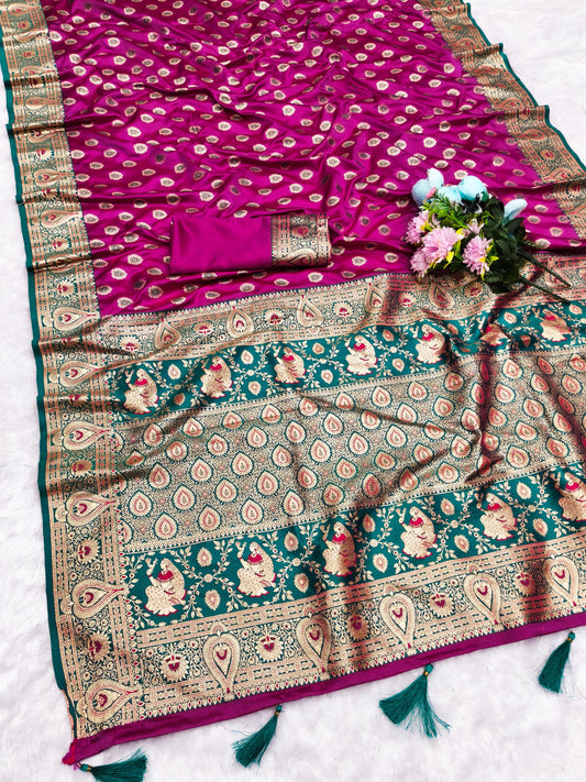 AJ-SATIN-CREATIVE SOFT SATIN SILK SAREE WITH RICH PALLU WITH CONTRAST PALLU AND BORDER WITH BUTTA DESIGN WITH BUTTI BLOUSE