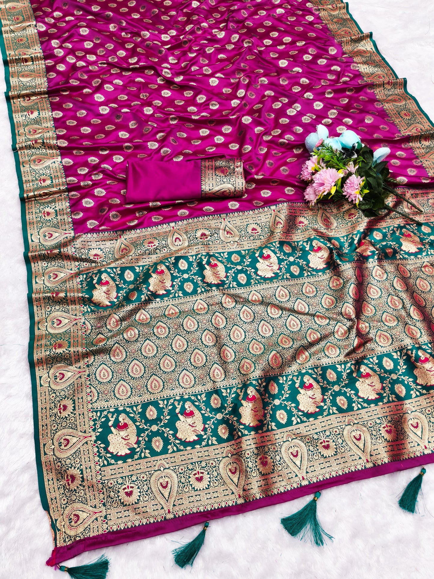 AJ-SATIN-CREATIVE SOFT SATIN SILK SAREE WITH RICH PALLU WITH CONTRAST PALLU AND BORDER WITH BUTTA DESIGN WITH BUTTI BLOUSE