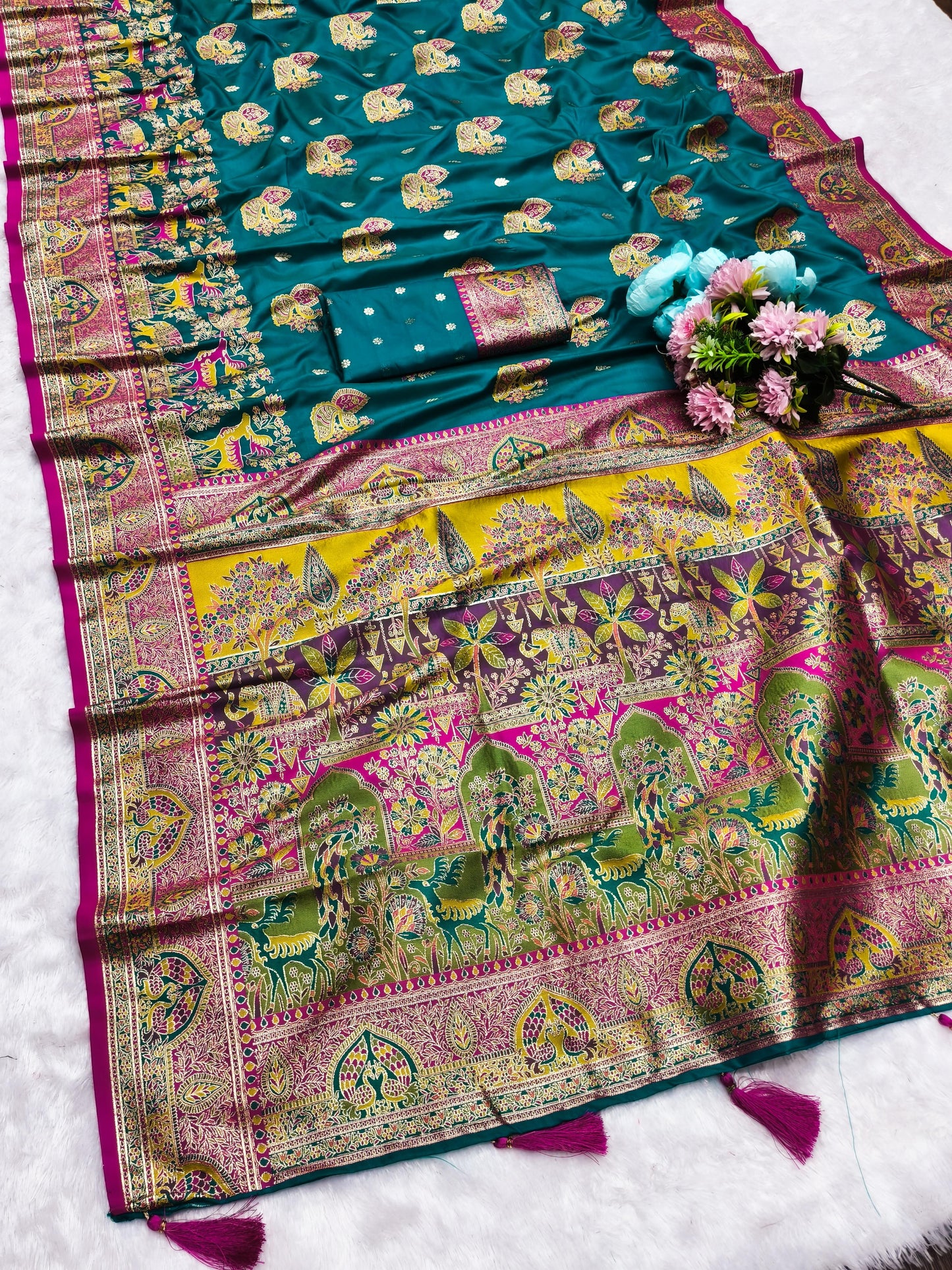 AJ-POSITION-HIRAN SOFT 50/600 SILK SAREE WITH POSITION STYLE WEAVING WITH HEAVY DESIGN WITH CONTRAST BODY PALLU AND BLOUSE