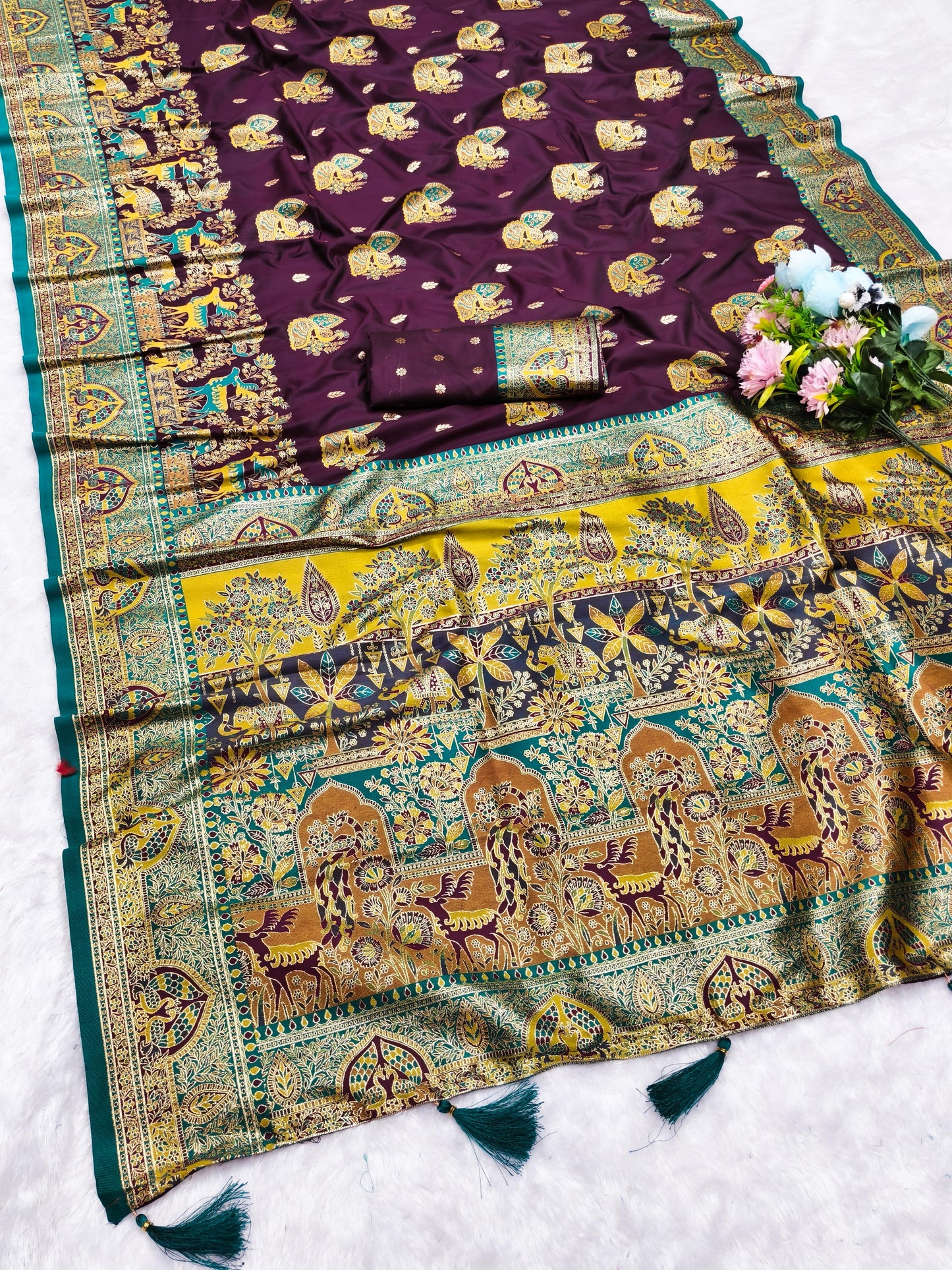 AJ-POSITION-HIRAN SOFT 50/600 SILK SAREE WITH POSITION STYLE WEAVING WITH HEAVY DESIGN WITH CONTRAST BODY PALLU AND BLOUSE