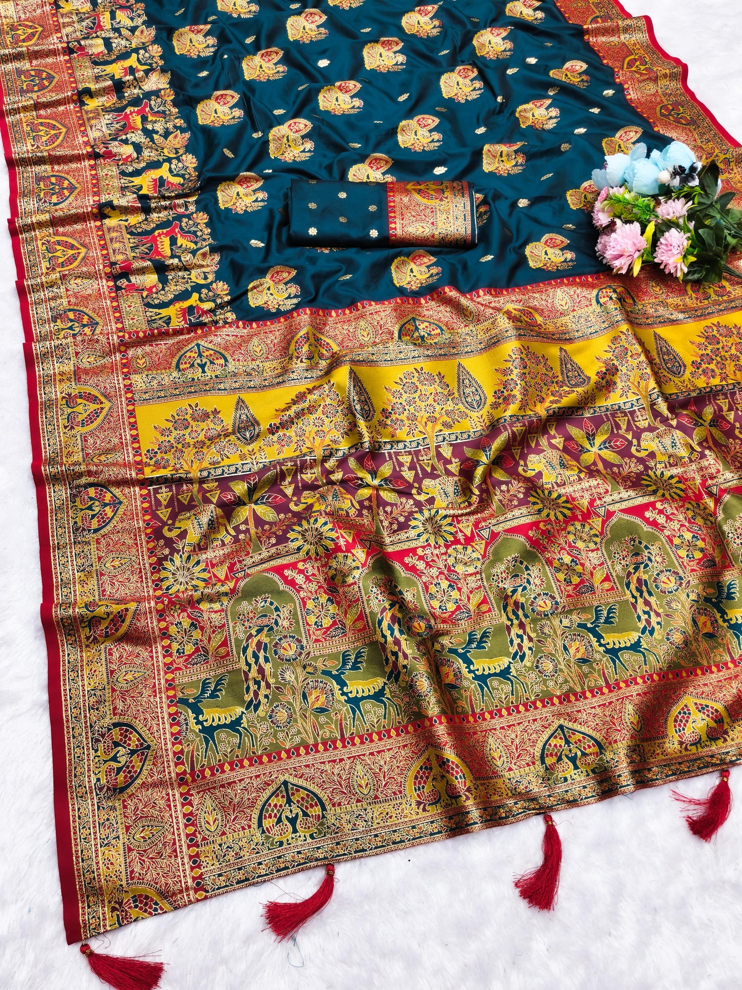 AJ-POSITION-HIRAN SOFT 50/600 SILK SAREE WITH POSITION STYLE WEAVING WITH HEAVY DESIGN WITH CONTRAST BODY PALLU AND BLOUSE