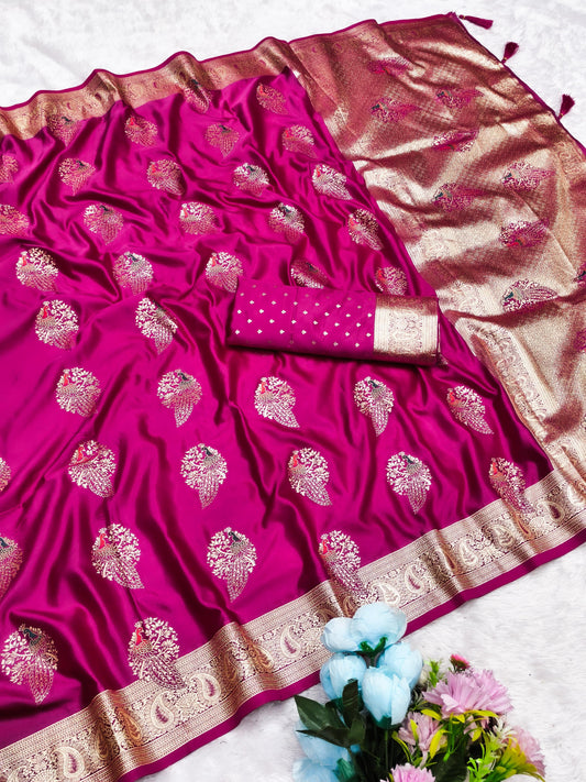 AJ-SATIN-RADHA SOFT SATIN SILK WITH PEACOCK DEISGN WEAVING WITH MEENA WORK WITH BUTTI BLOUSE