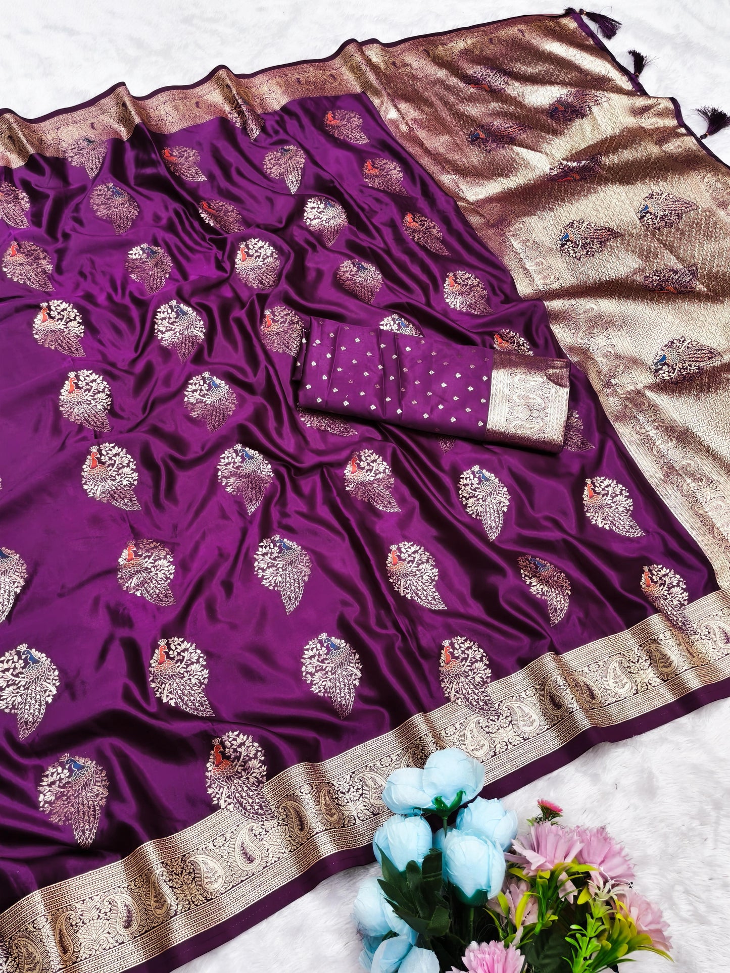 AJ-SATIN-RADHA SOFT SATIN SILK WITH PEACOCK DEISGN WEAVING WITH MEENA WORK WITH BUTTI BLOUSE