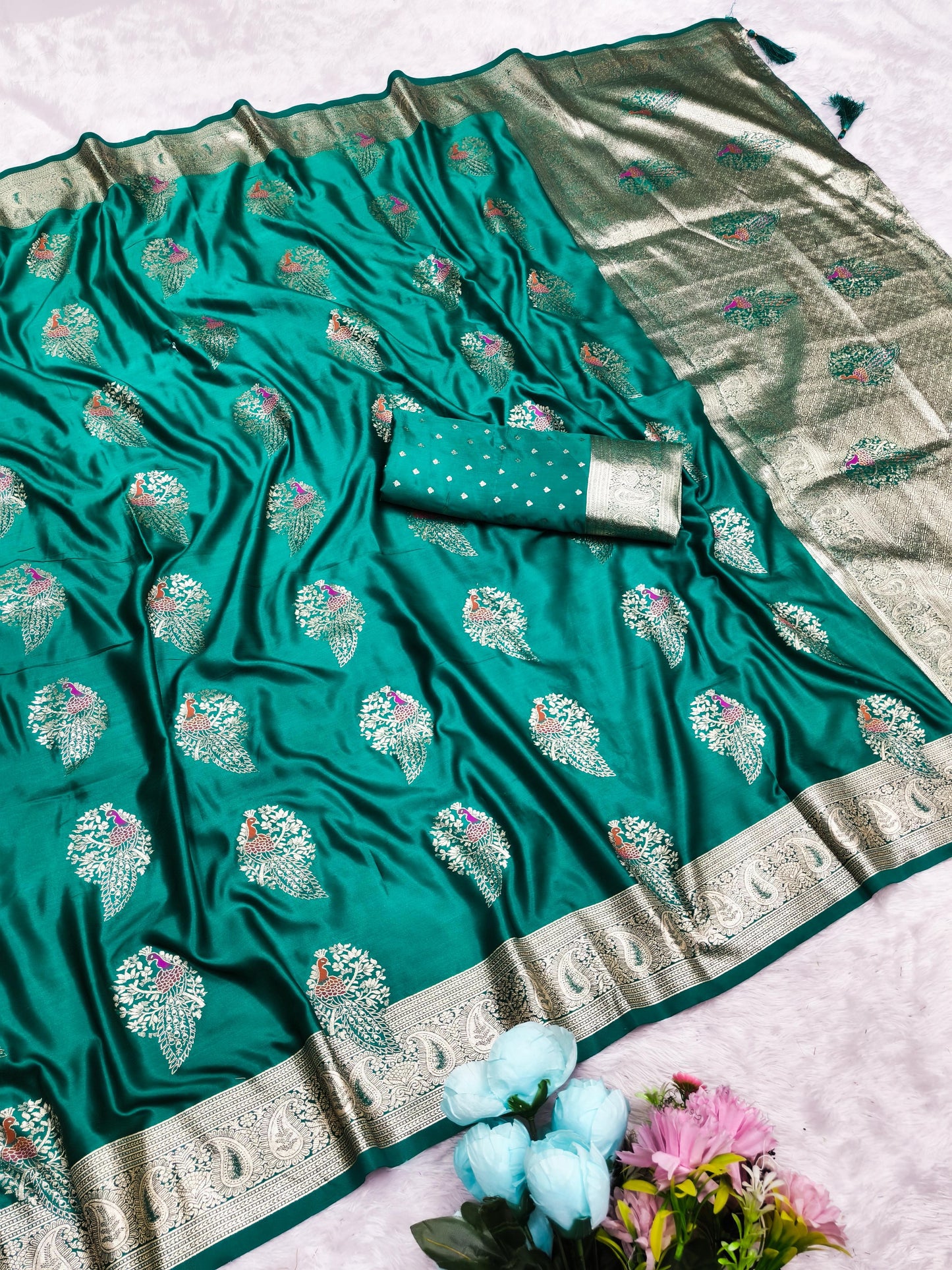 AJ-SATIN-RADHA SOFT SATIN SILK WITH PEACOCK DEISGN WEAVING WITH MEENA WORK WITH BUTTI BLOUSE