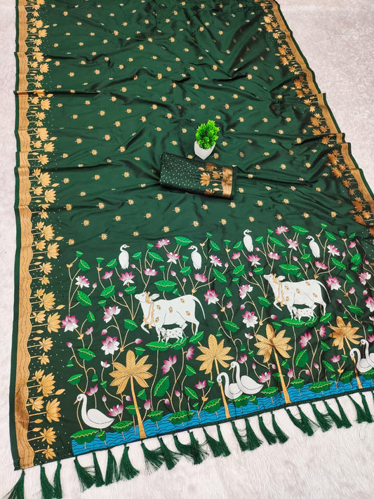 AJ-KAMAL SOFT SILK SAREE WITH BEAUTIFUL THREAD WORK COW DESIGN WITH LOTUS DESIGN ON BORDER WITH BUTTI BLOUSE