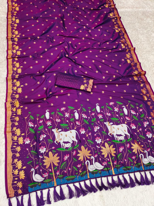 AJ-KAMAL SOFT SILK SAREE WITH BEAUTIFUL THREAD WORK COW DESIGN WITH LOTUS DESIGN ON BORDER WITH BUTTI BLOUSE
