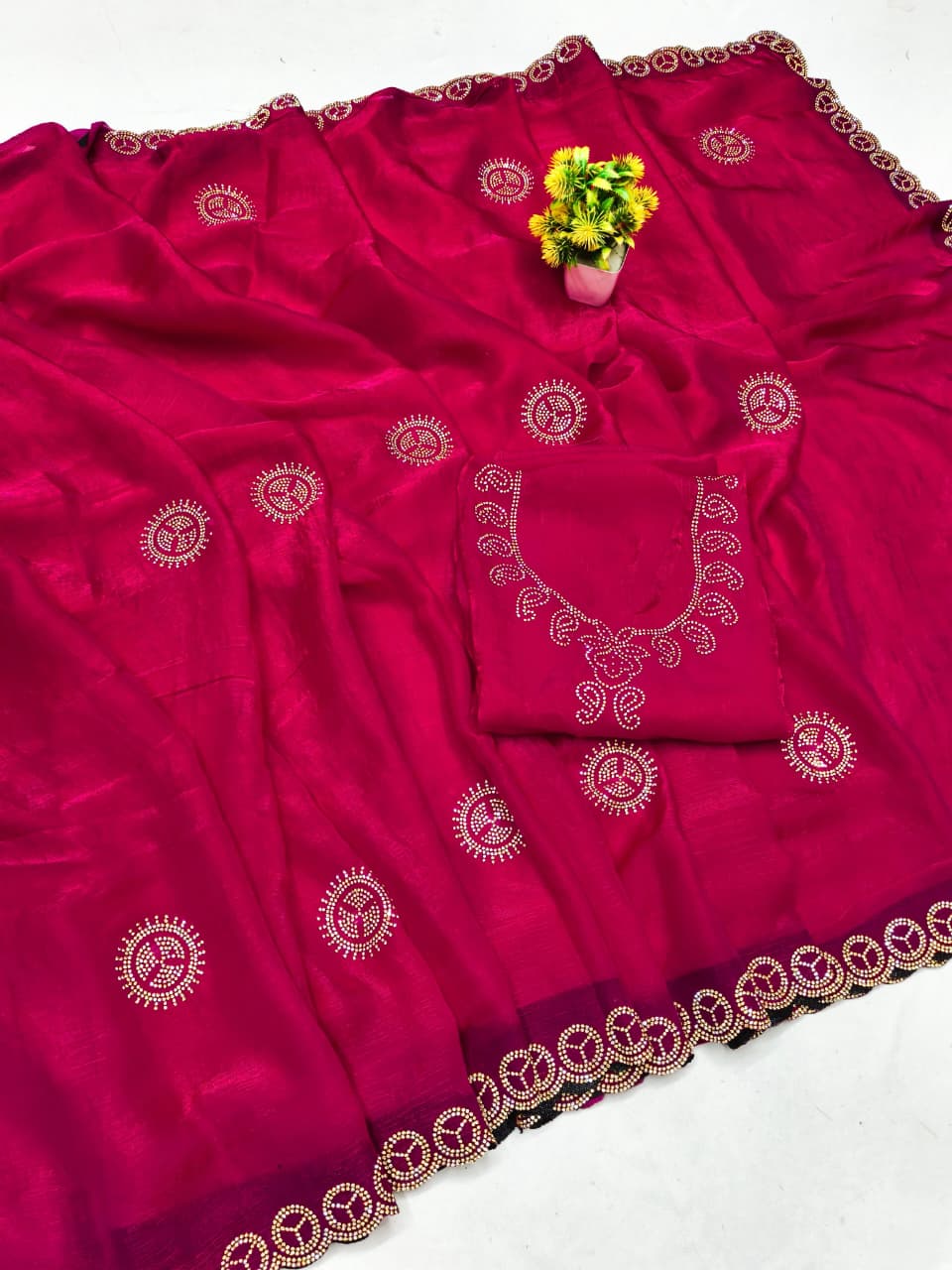 DF-APPORVA FENDI SATIN SAREE WITH JARKAN WORK WITH BEADS WORK AND HEAVY BLOUSE