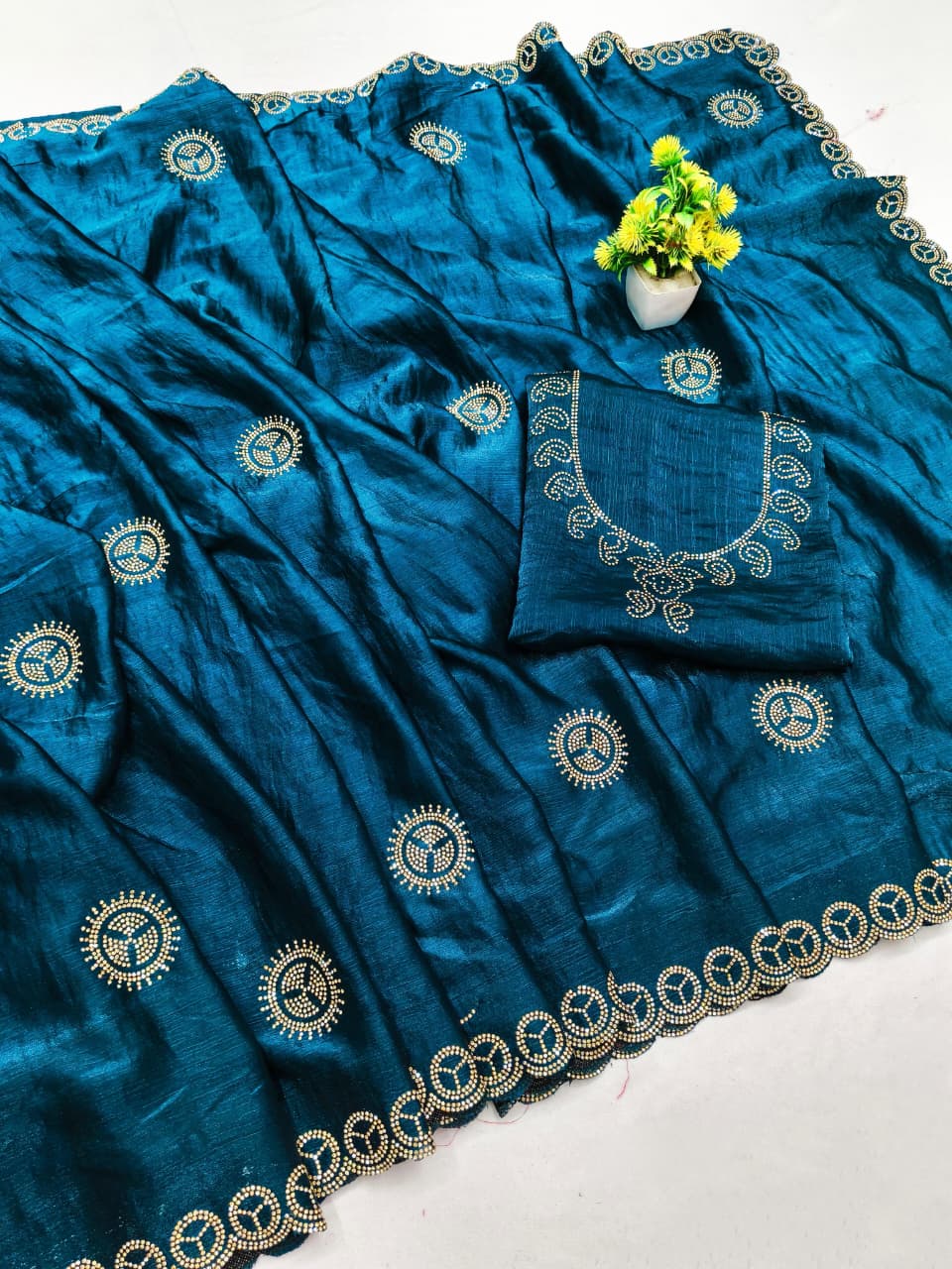 DF-APPORVA FENDI SATIN SAREE WITH JARKAN WORK WITH BEADS WORK AND HEAVY BLOUSE