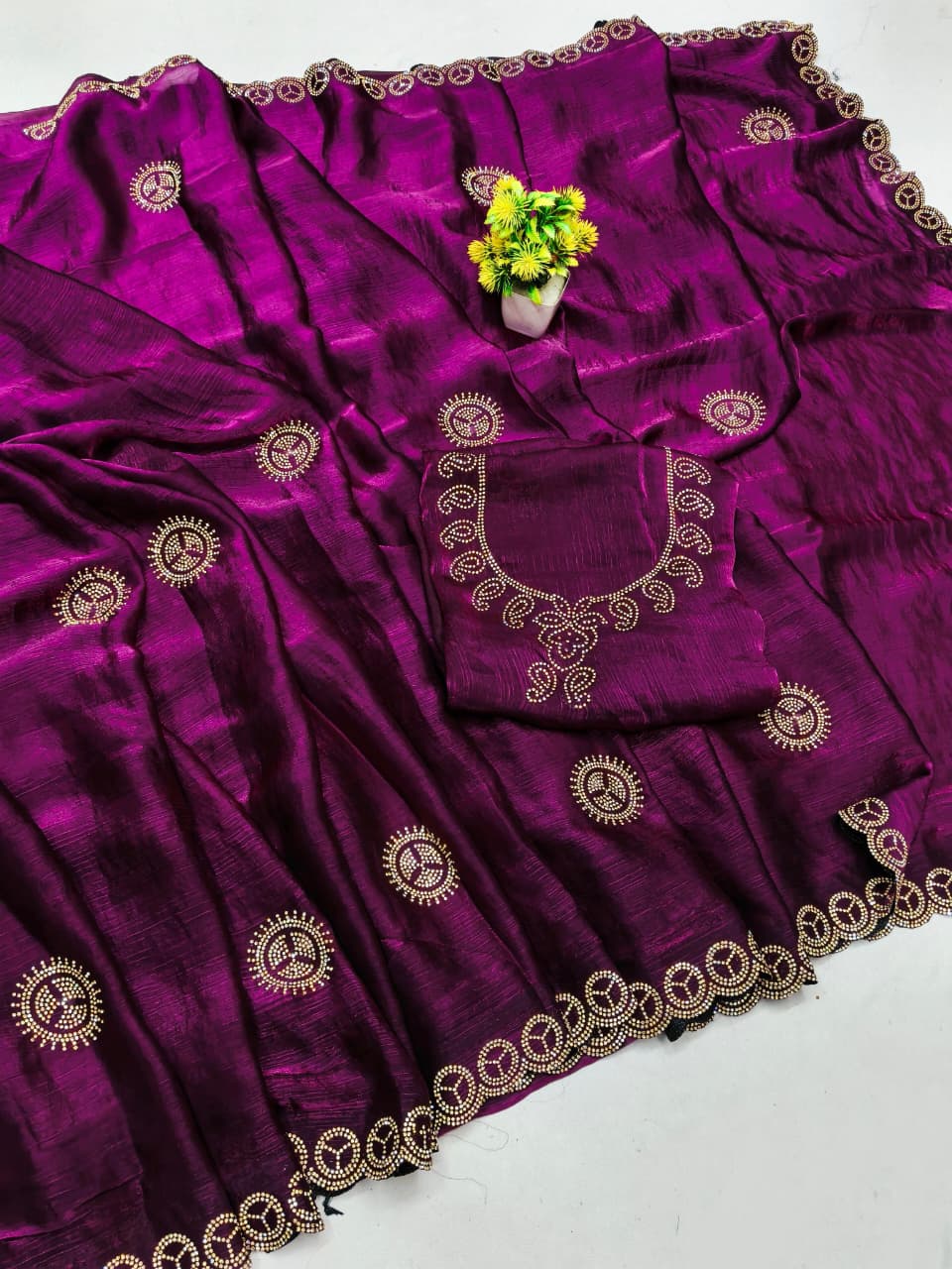 DF-APPORVA FENDI SATIN SAREE WITH JARKAN WORK WITH BEADS WORK AND HEAVY BLOUSE