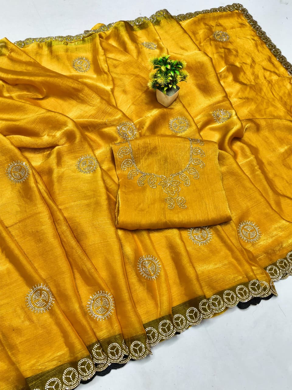 DF-APPORVA FENDI SATIN SAREE WITH JARKAN WORK WITH BEADS WORK AND HEAVY BLOUSE