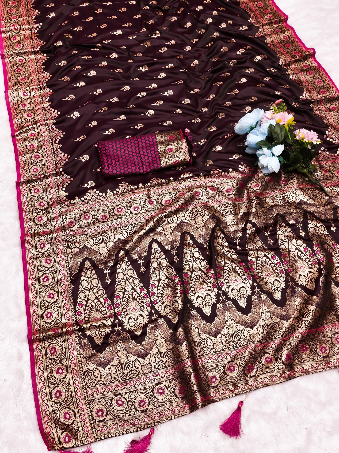 AJ-SATIN-IMPERIA SATIN SILK SAREE WITH RICH PALLU AND BEAUTIFUL MEENAKARI WORK WITH DARK MATCHING