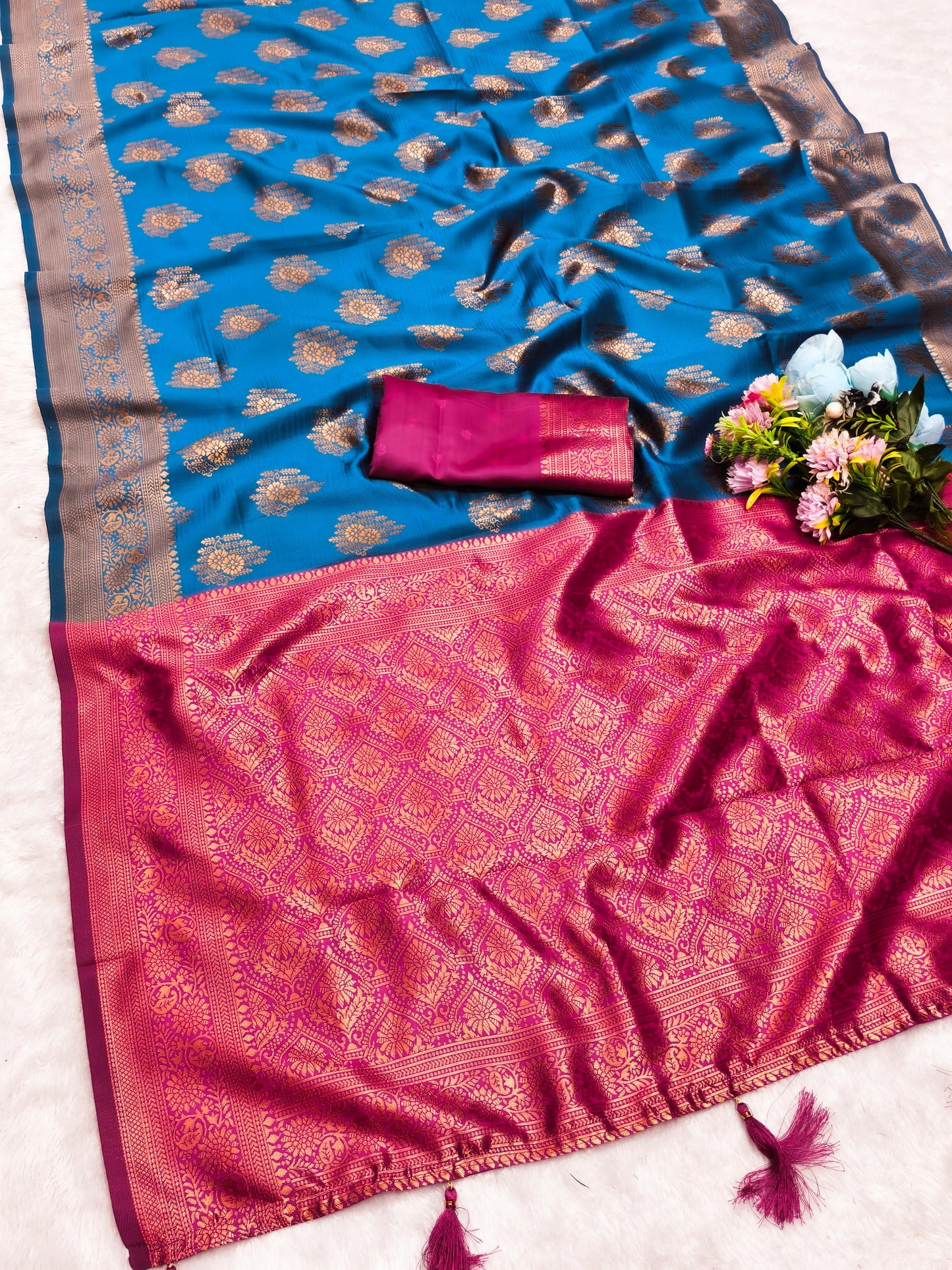 AJ-MANDOLA SOFT CHAMPION SILK WITH CONTRAST BORDER WITH TRENDING BUTTI DESIGN WITH TASSELS