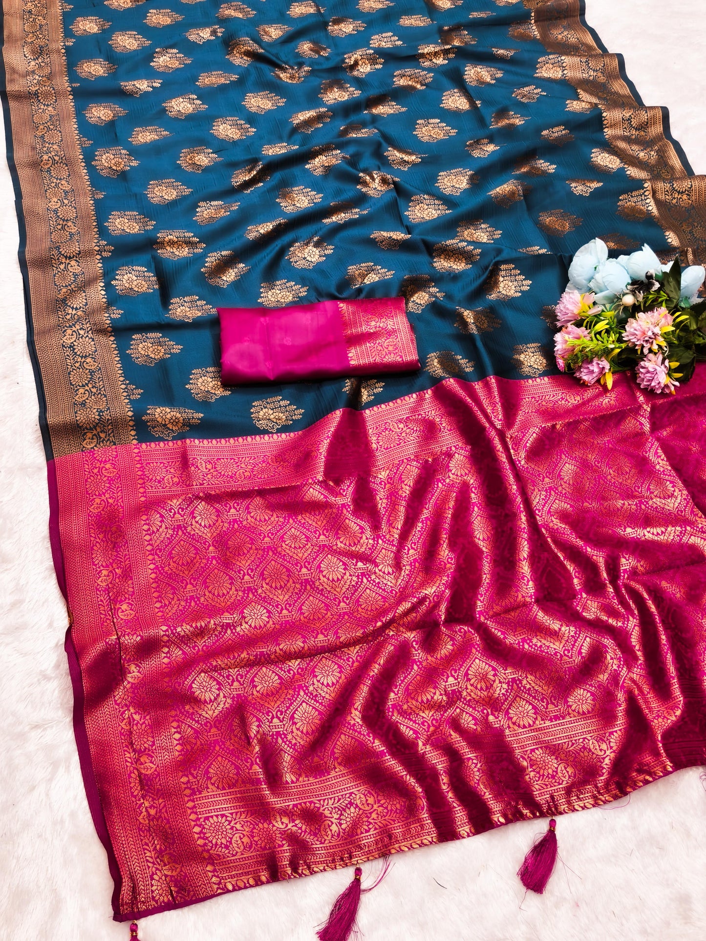 AJ-MANDOLA SOFT CHAMPION SILK WITH CONTRAST BORDER WITH TRENDING BUTTI DESIGN WITH TASSELS