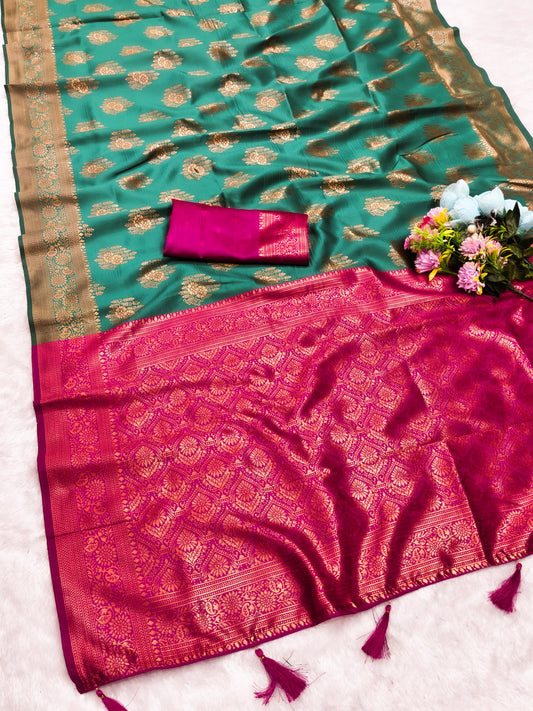 AJ-MANDOLA SOFT CHAMPION SILK WITH CONTRAST BORDER WITH TRENDING BUTTI DESIGN WITH TASSELS