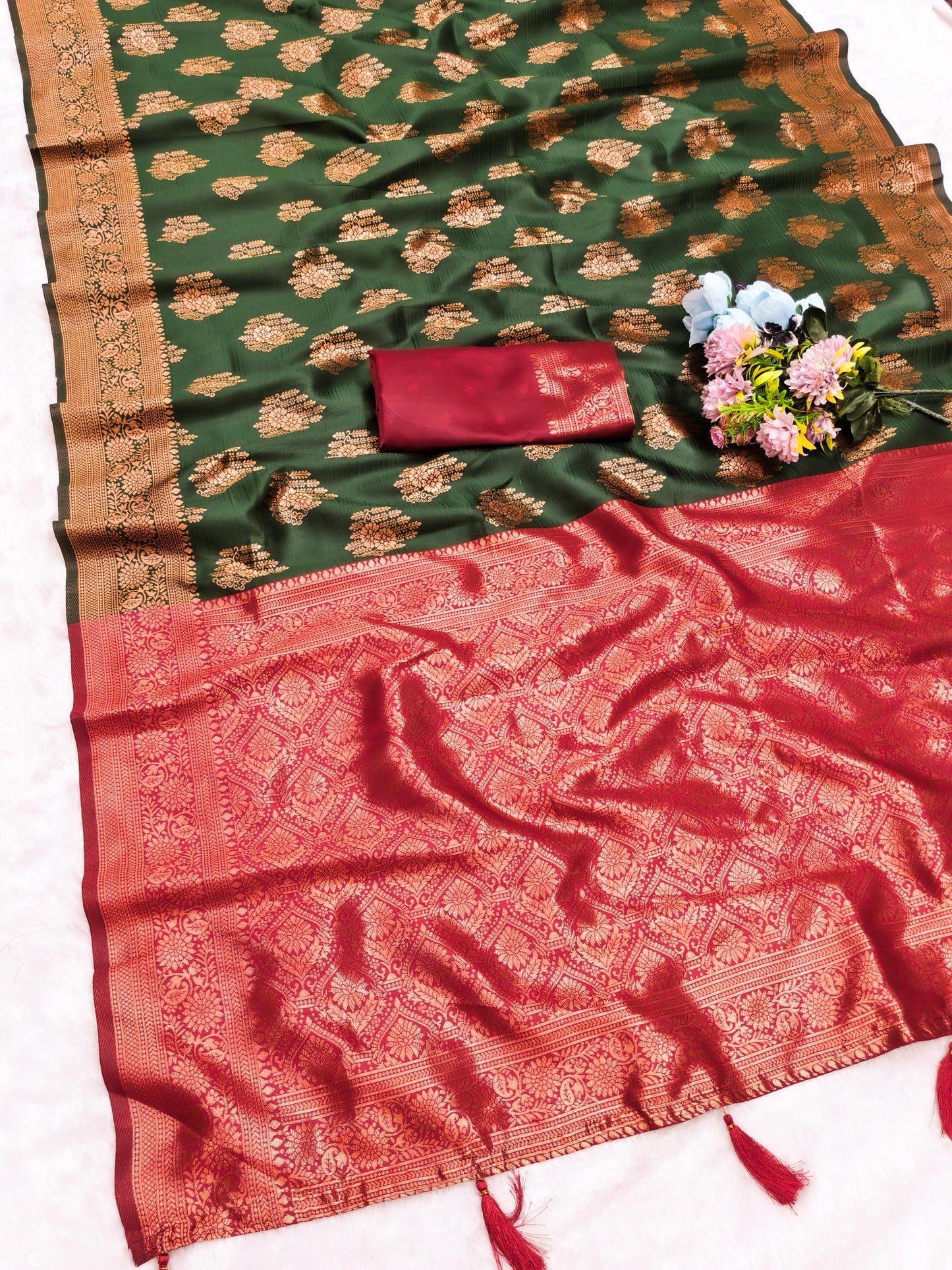 AJ-MANDOLA SOFT CHAMPION SILK WITH CONTRAST BORDER WITH TRENDING BUTTI DESIGN WITH TASSELS