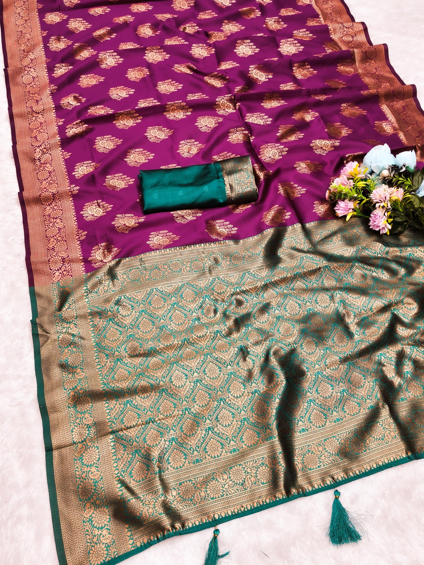 AJ-MANDOLA SOFT CHAMPION SILK WITH CONTRAST BORDER WITH TRENDING BUTTI DESIGN WITH TASSELS