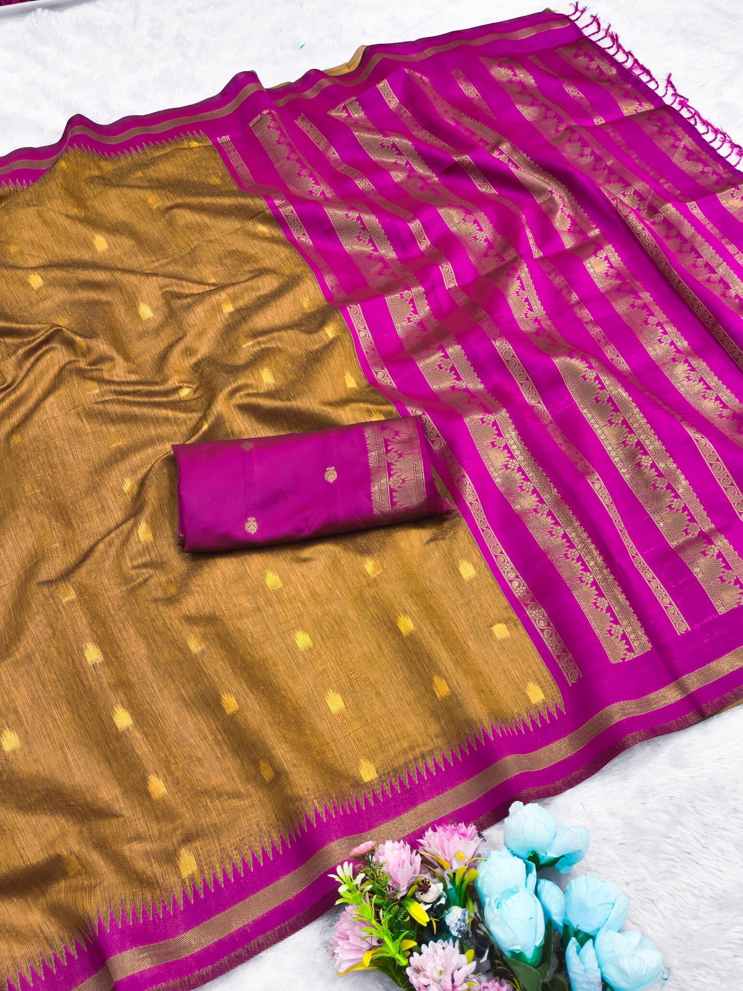 AJ-COTTON-KALYAAN COTTON SILK WITH RICH PALLU WITH CONTRAST BORDER WITH BUTTI DESIGN WITH UNIQUE BEAUTIFUL TASSELS