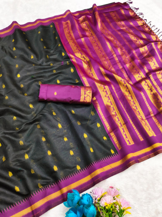 AJ-COTTON-KALYAAN COTTON SILK WITH RICH PALLU WITH CONTRAST BORDER WITH BUTTI DESIGN WITH UNIQUE BEAUTIFUL TASSELS