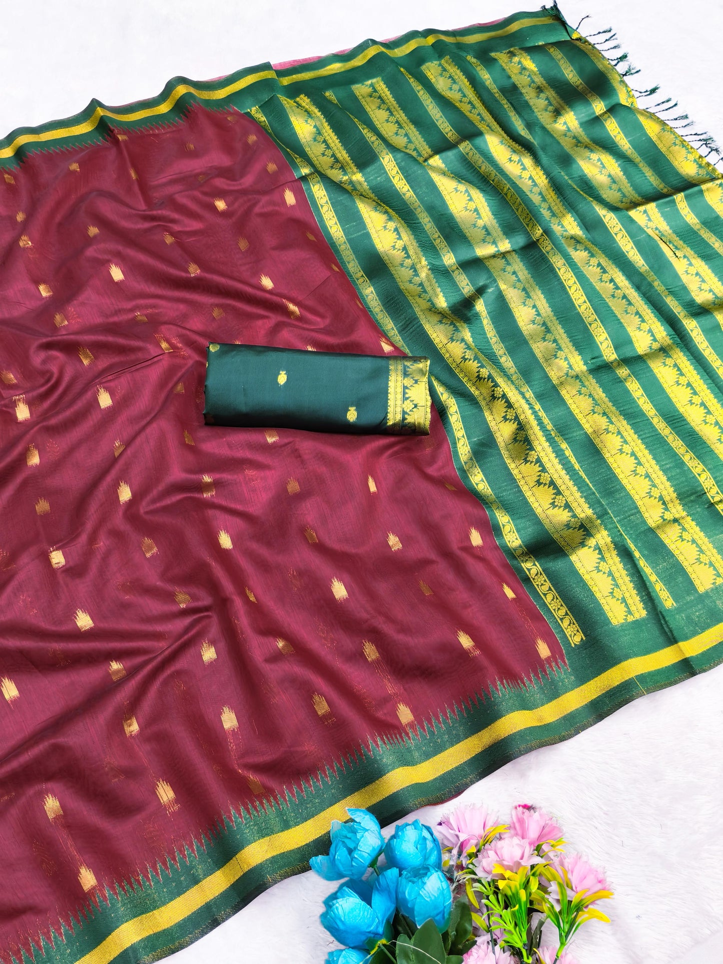 AJ-COTTON-KALYAAN COTTON SILK WITH RICH PALLU WITH CONTRAST BORDER WITH BUTTI DESIGN WITH UNIQUE BEAUTIFUL TASSELS