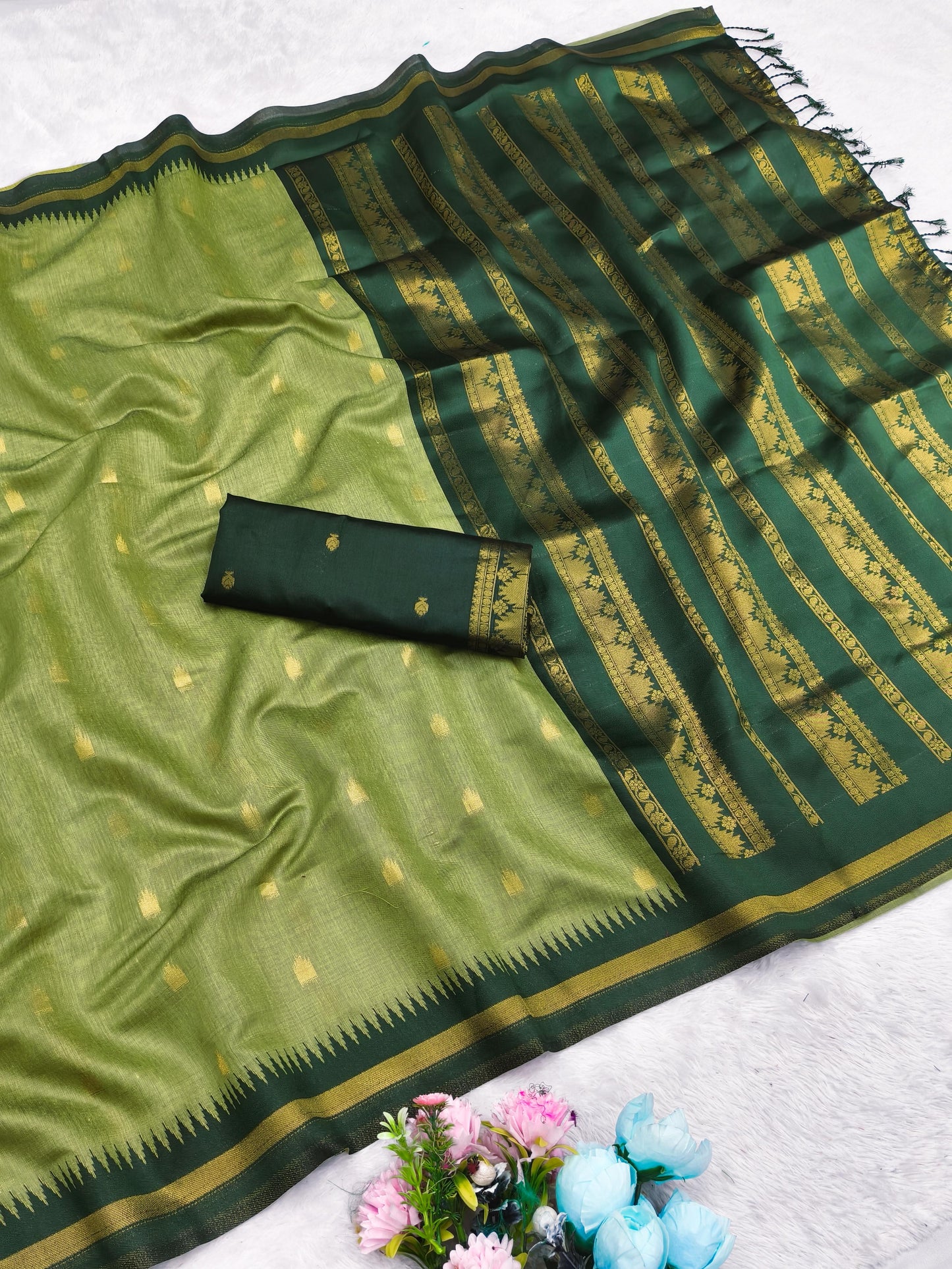 AJ-COTTON-KALYAAN COTTON SILK WITH RICH PALLU WITH CONTRAST BORDER WITH BUTTI DESIGN WITH UNIQUE BEAUTIFUL TASSELS