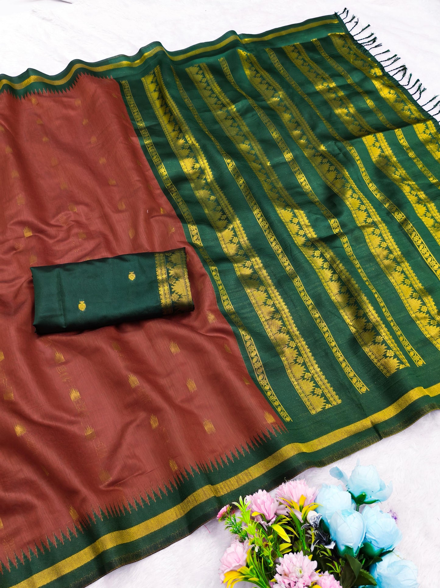 AJ-COTTON-KALYAAN COTTON SILK WITH RICH PALLU WITH CONTRAST BORDER WITH BUTTI DESIGN WITH UNIQUE BEAUTIFUL TASSELS