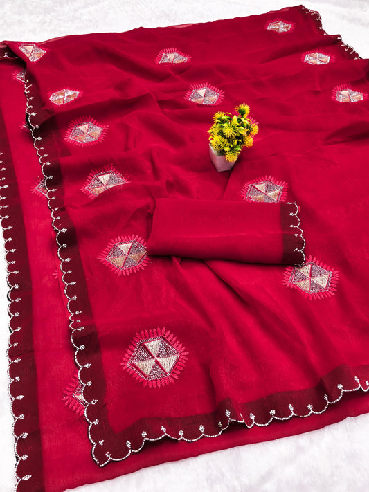 DF-HASMIT SIMMER SAREE WITH EMBORIDERY WORK WITH THREAD AND DIAMOND WORK