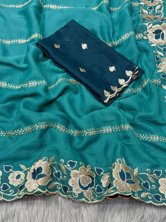 NN-2050 Star Georgette Saree with thread work and embroidery work with heavy blouse