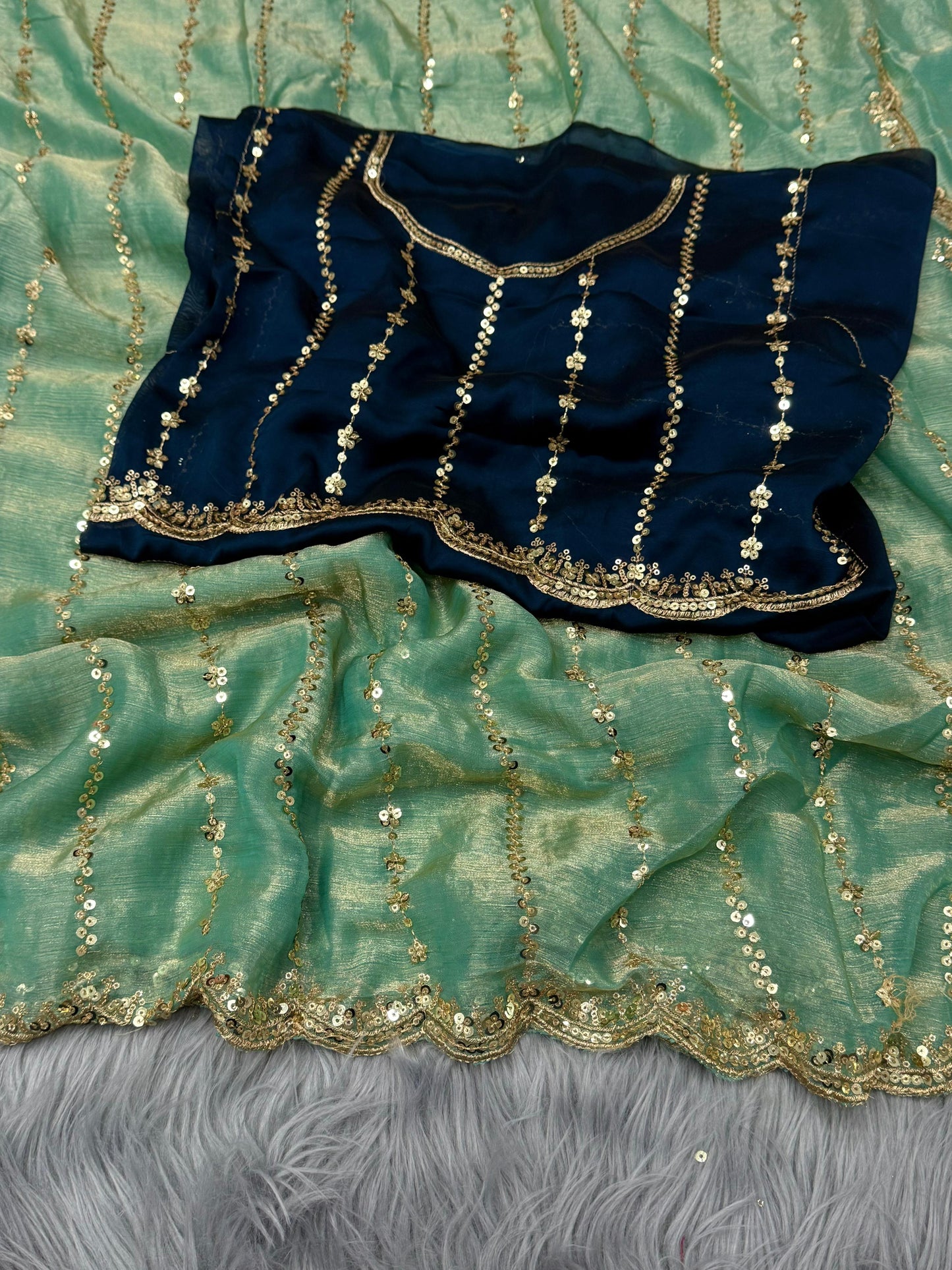 NN-2052 Pure Fandy Sattin Silk With Beautiful Sequence embroidery work with Cut  work border with Paired With Fandy Sattin Heavily Worked Fancy Blouse