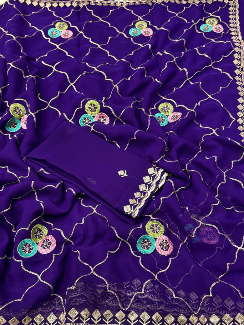 NN-2053 Georgette fabric with beautiful C-pallu embroidary work with allover multi desginer thread work on it with Tone to tone embroidary work blous