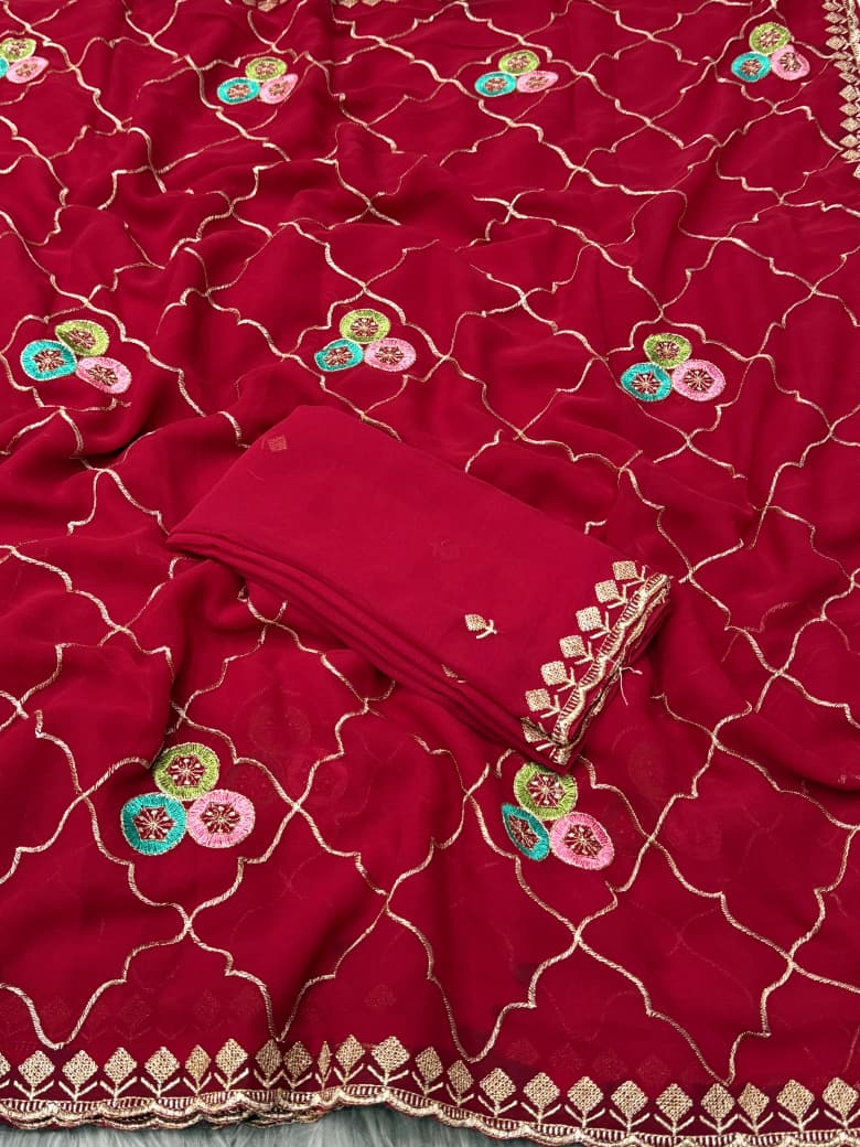 NN-2053 Georgette fabric with beautiful C-pallu embroidary work with allover multi desginer thread work on it with Tone to tone embroidary work blous