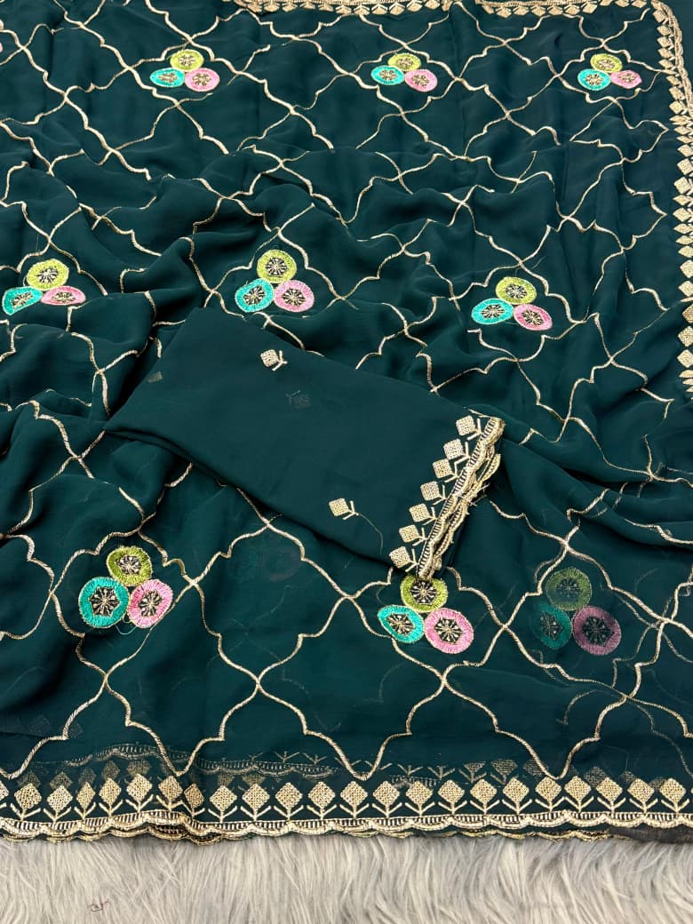 NN-2053 Georgette fabric with beautiful C-pallu embroidary work with allover multi desginer thread work on it with Tone to tone embroidary work blous