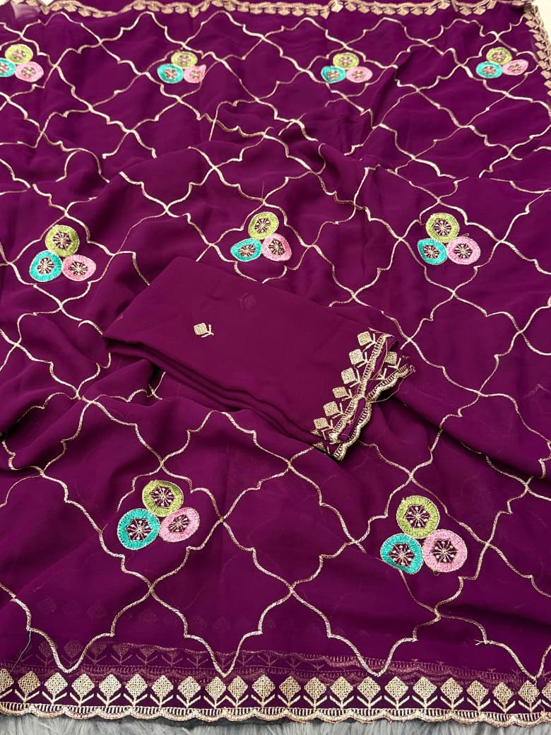 NN-2053 Georgette fabric with beautiful C-pallu embroidary work with allover multi desginer thread work on it with Tone to tone embroidary work blous