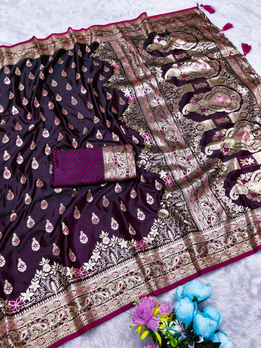 AJ-SATIN-PARAG SATIN SILK SAREE WITH RICH PALLU AND BEAUTIFUL MEENAKARI WORK WITH DARK MATCHING