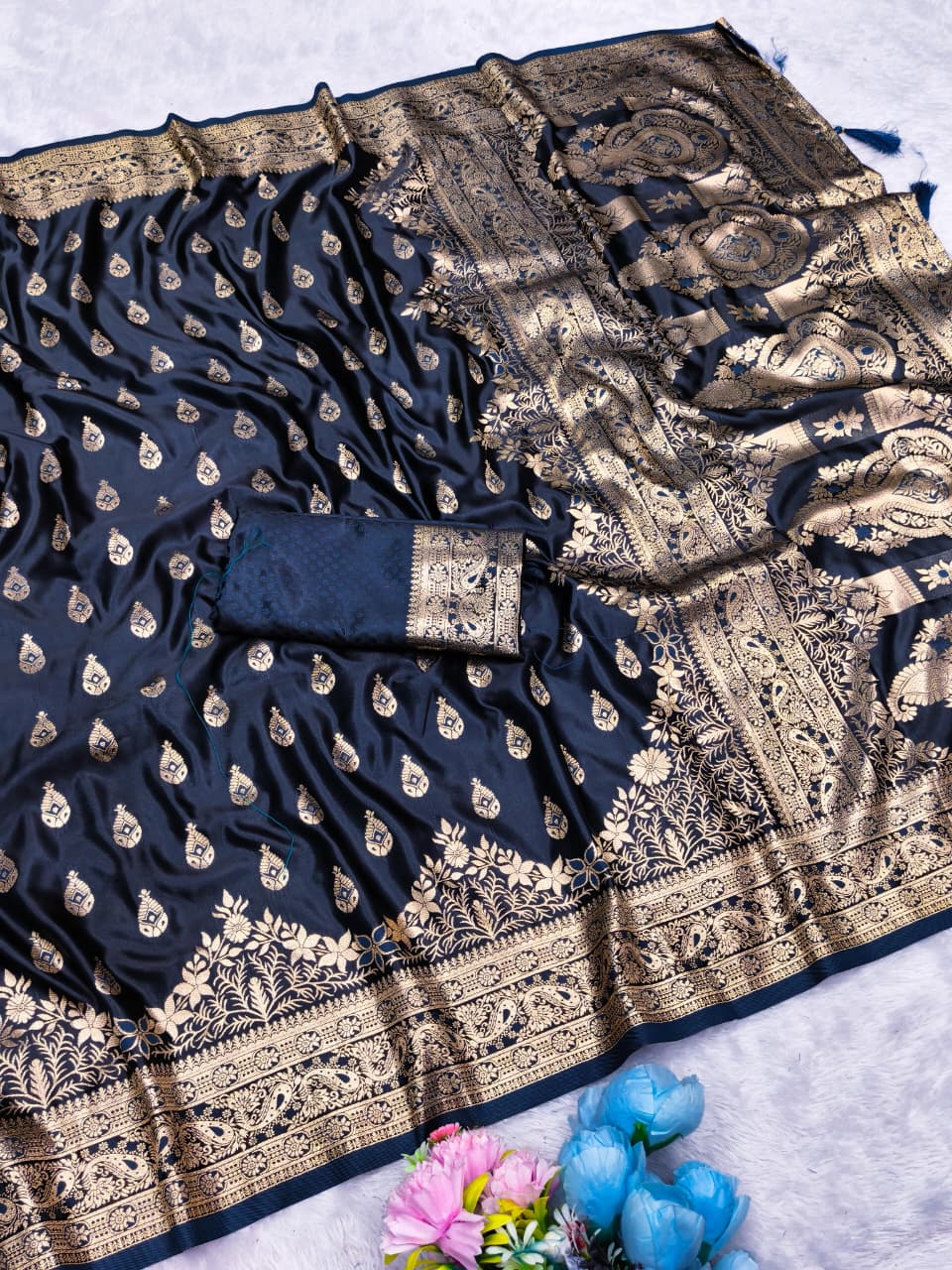 AJ-SATIN-PARAG SATIN SILK SAREE WITH RICH PALLU AND BEAUTIFUL MEENAKARI WORK WITH DARK MATCHING
