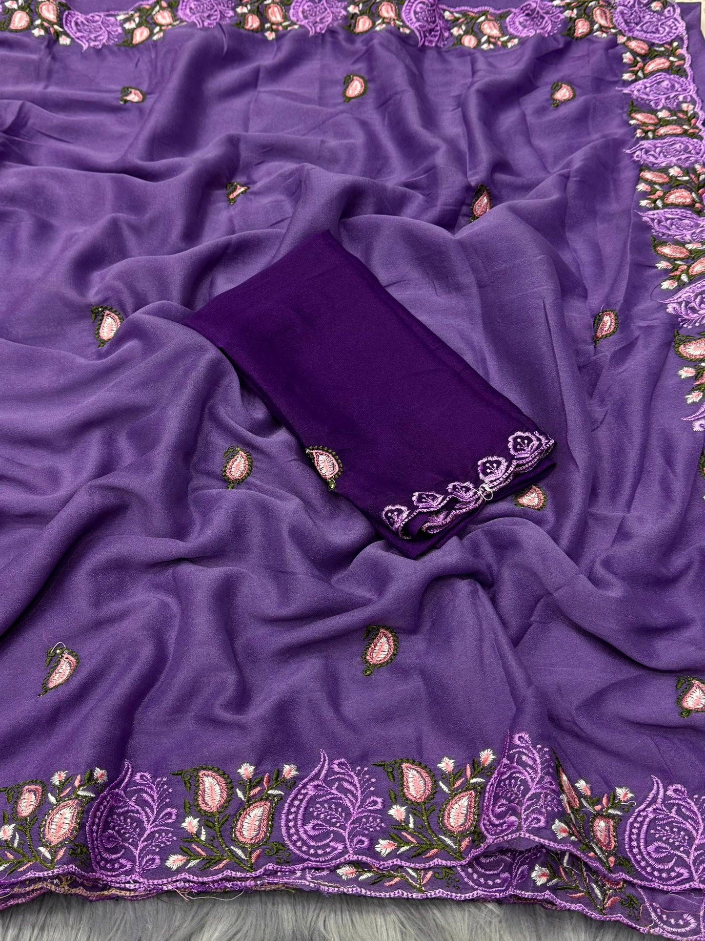 NN-2054 Star georgett fabric with c-pallu with multi colour work desgin with Contrast rich embroidary heavy work blouse