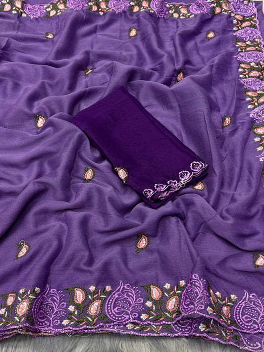 NN-2054 Star georgett fabric with c-pallu with multi colour work desgin with Contrast rich embroidary heavy work blouse