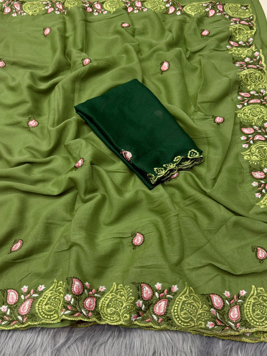 NN-2054 Star georgett fabric with c-pallu with multi colour work desgin with Contrast rich embroidary heavy work blouse