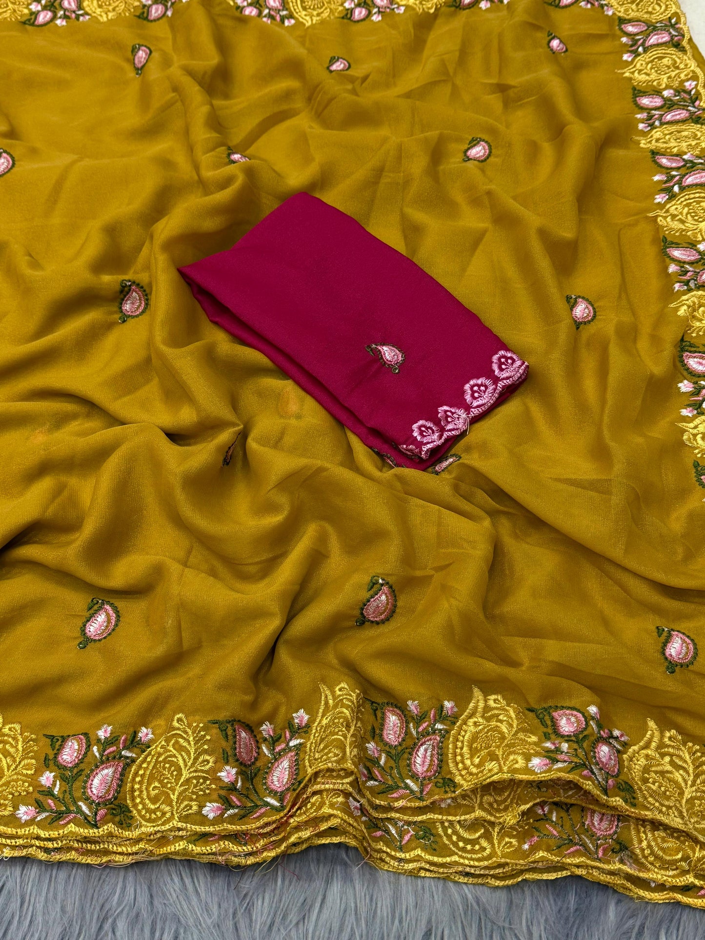 NN-2054 Star georgett fabric with c-pallu with multi colour work desgin with Contrast rich embroidary heavy work blouse