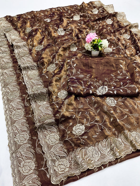 DF-ACTIVA FENDI CHIFFON SAREE WITH HEAVY EMBORIDERY WITH JHAL WORK AND SIROSKI WITH HEAVY BLOUSE