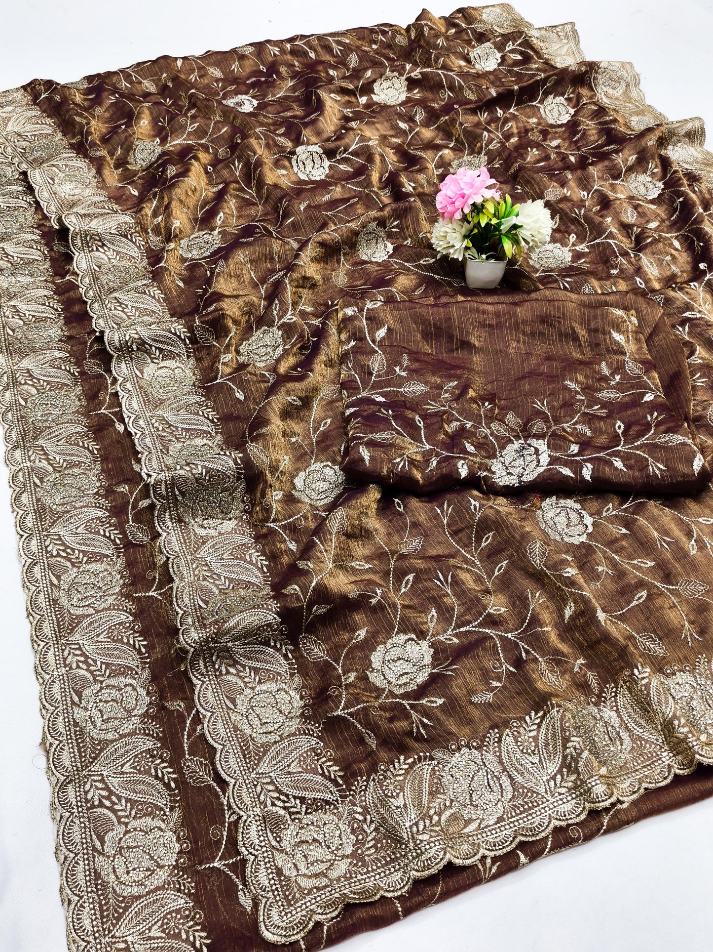 DF-ACTIVA FENDI CHIFFON SAREE WITH HEAVY EMBORIDERY WITH JHAL WORK AND SIROSKI WITH HEAVY BLOUSE