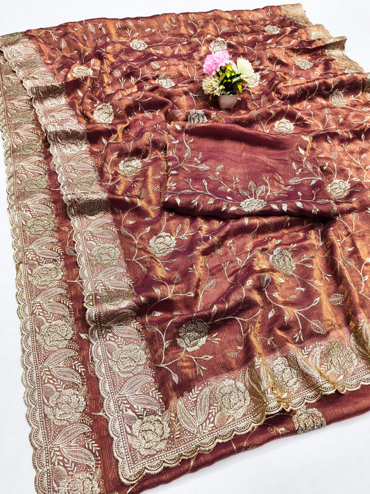 DF-ACTIVA FENDI CHIFFON SAREE WITH HEAVY EMBORIDERY WITH JHAL WORK AND SIROSKI WITH HEAVY BLOUSE