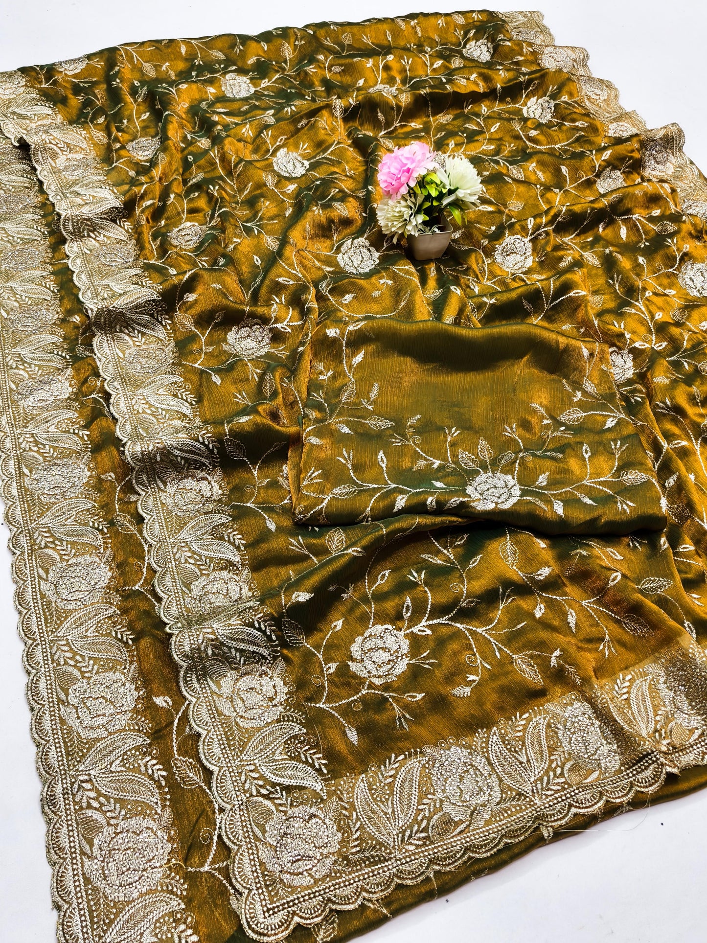 DF-ACTIVA FENDI CHIFFON SAREE WITH HEAVY EMBORIDERY WITH JHAL WORK AND SIROSKI WITH HEAVY BLOUSE