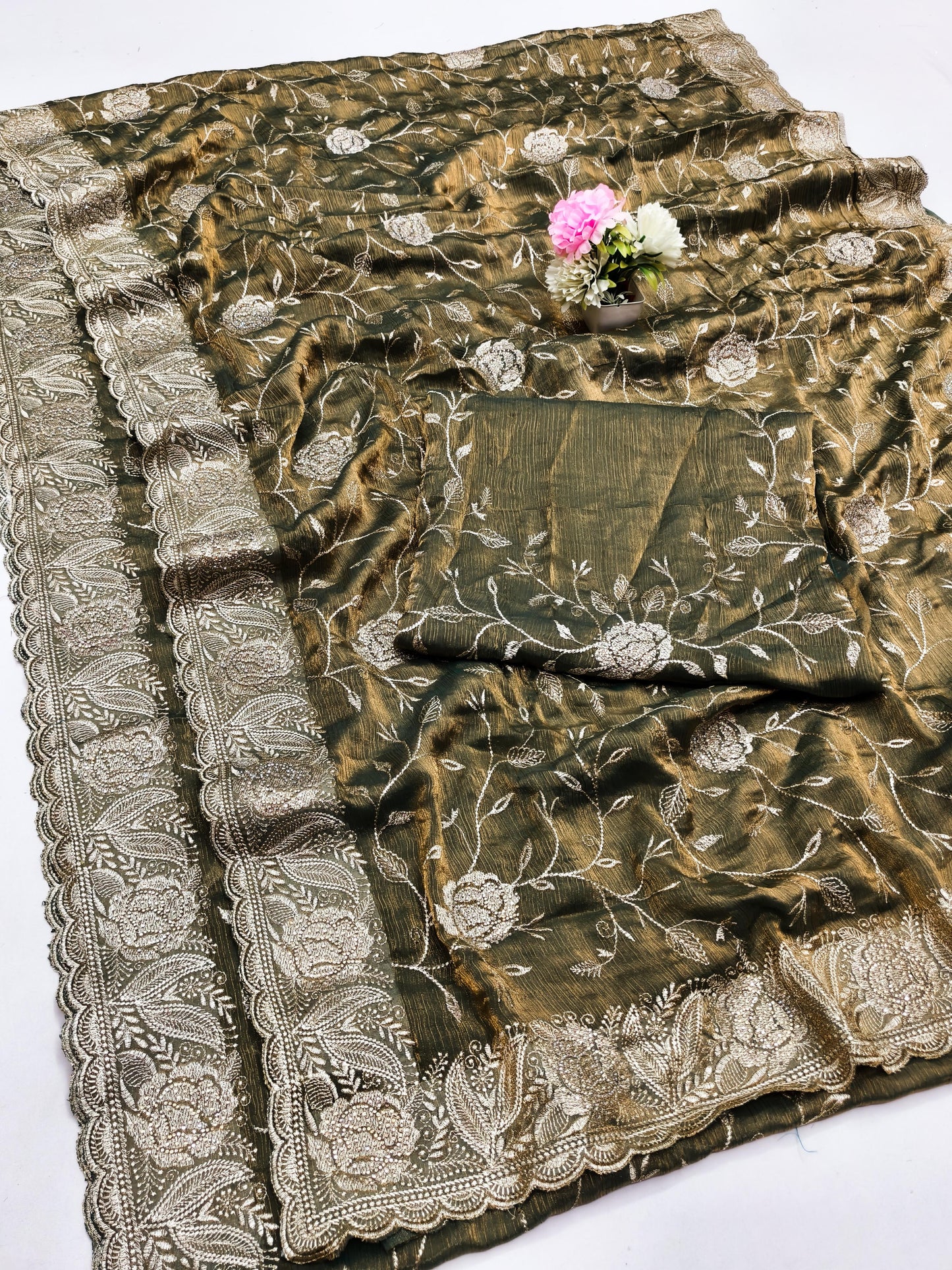 DF-ACTIVA FENDI CHIFFON SAREE WITH HEAVY EMBORIDERY WITH JHAL WORK AND SIROSKI WITH HEAVY BLOUSE