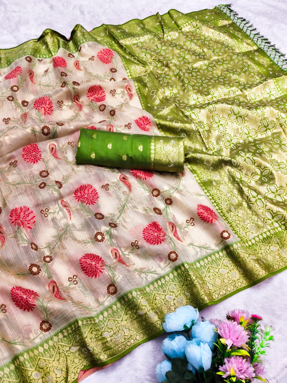 CT-GULMOHOR COTTON SILK SAREE WITH BEAUTIFUL JHAL FLORAL WEAVING DEDIGN WITH MULTI MEENA PREMIUM TASTE COLLECTION