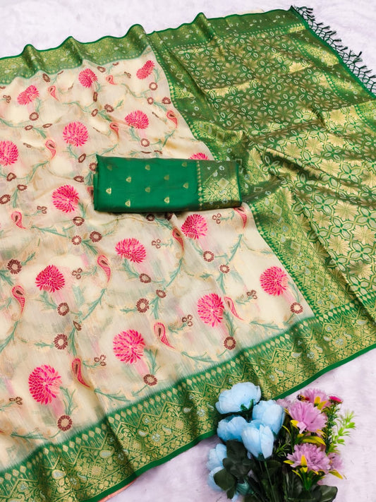 CT-GULMOHOR COTTON SILK SAREE WITH BEAUTIFUL JHAL FLORAL WEAVING DEDIGN WITH MULTI MEENA PREMIUM TASTE COLLECTION