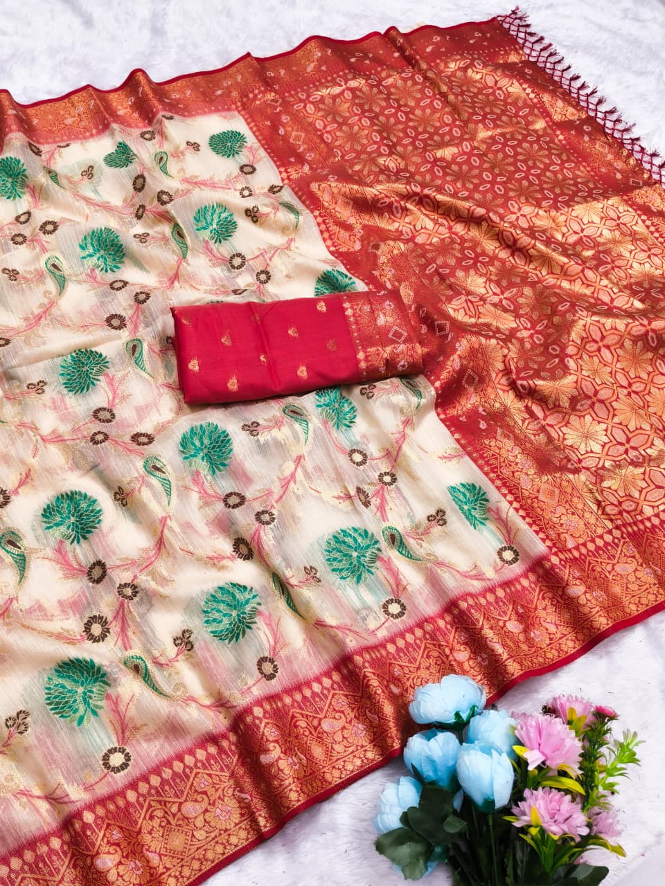 CT-GULMOHOR COTTON SILK SAREE WITH BEAUTIFUL JHAL FLORAL WEAVING DEDIGN WITH MULTI MEENA PREMIUM TASTE COLLECTION